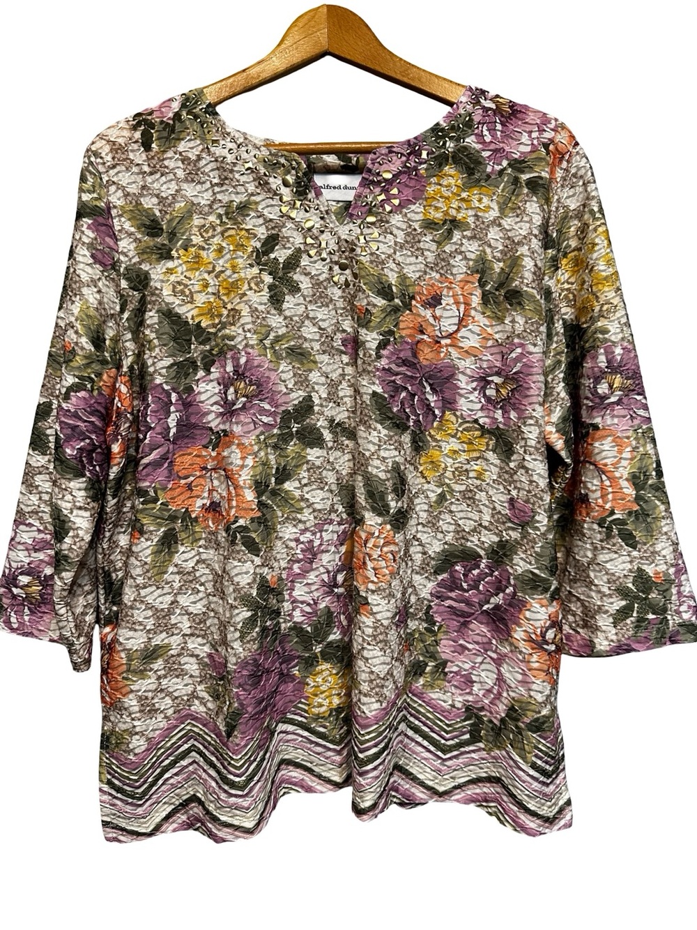 Alfred Dunner Floral Crinkle Knit Top XL 3/4 Sleeve Studded V-Neck Chevron Hem